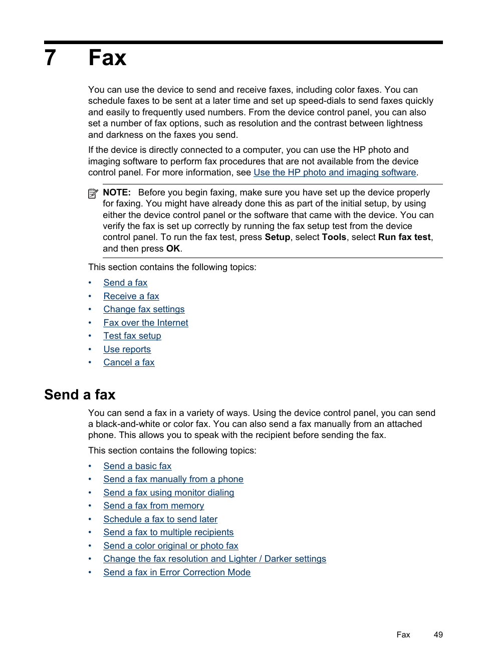 Send a fax, 7 fax, Send a fax in error correction mode | 7fax | HP Officejet J6480 All-in-One Printer User Manual | Page 53 / 218
