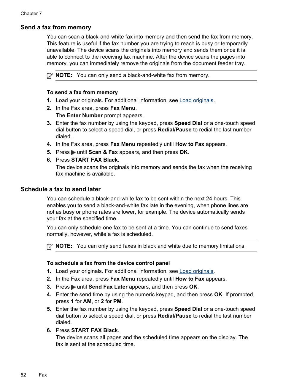Send a fax from memory, Schedule a fax to send later | HP Officejet J6480 All-in-One Printer User Manual | Page 56 / 218