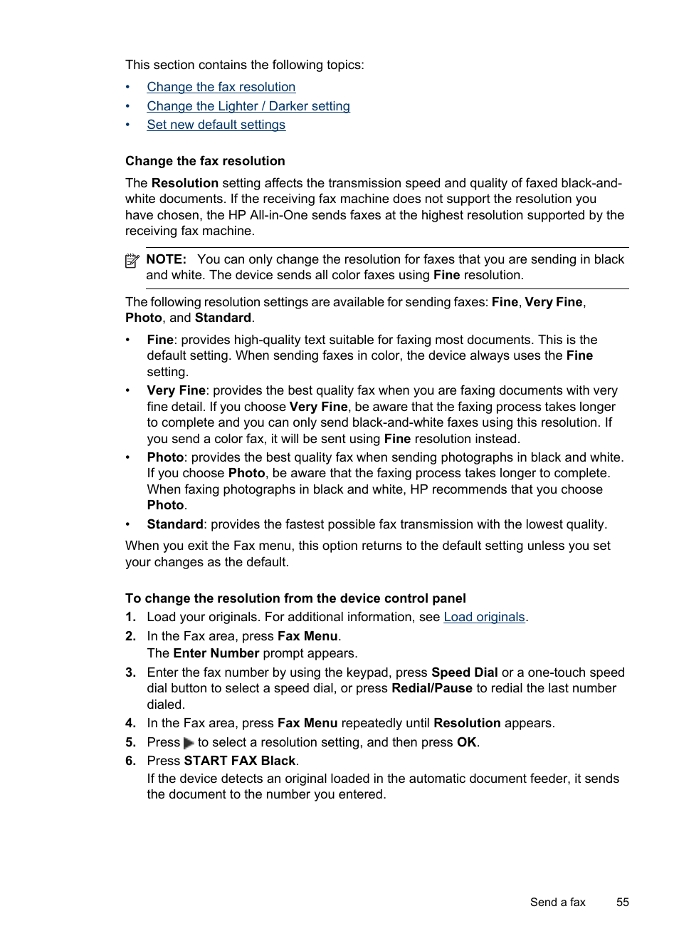 Change the fax resolution | HP Officejet J6480 All-in-One Printer User Manual | Page 59 / 218