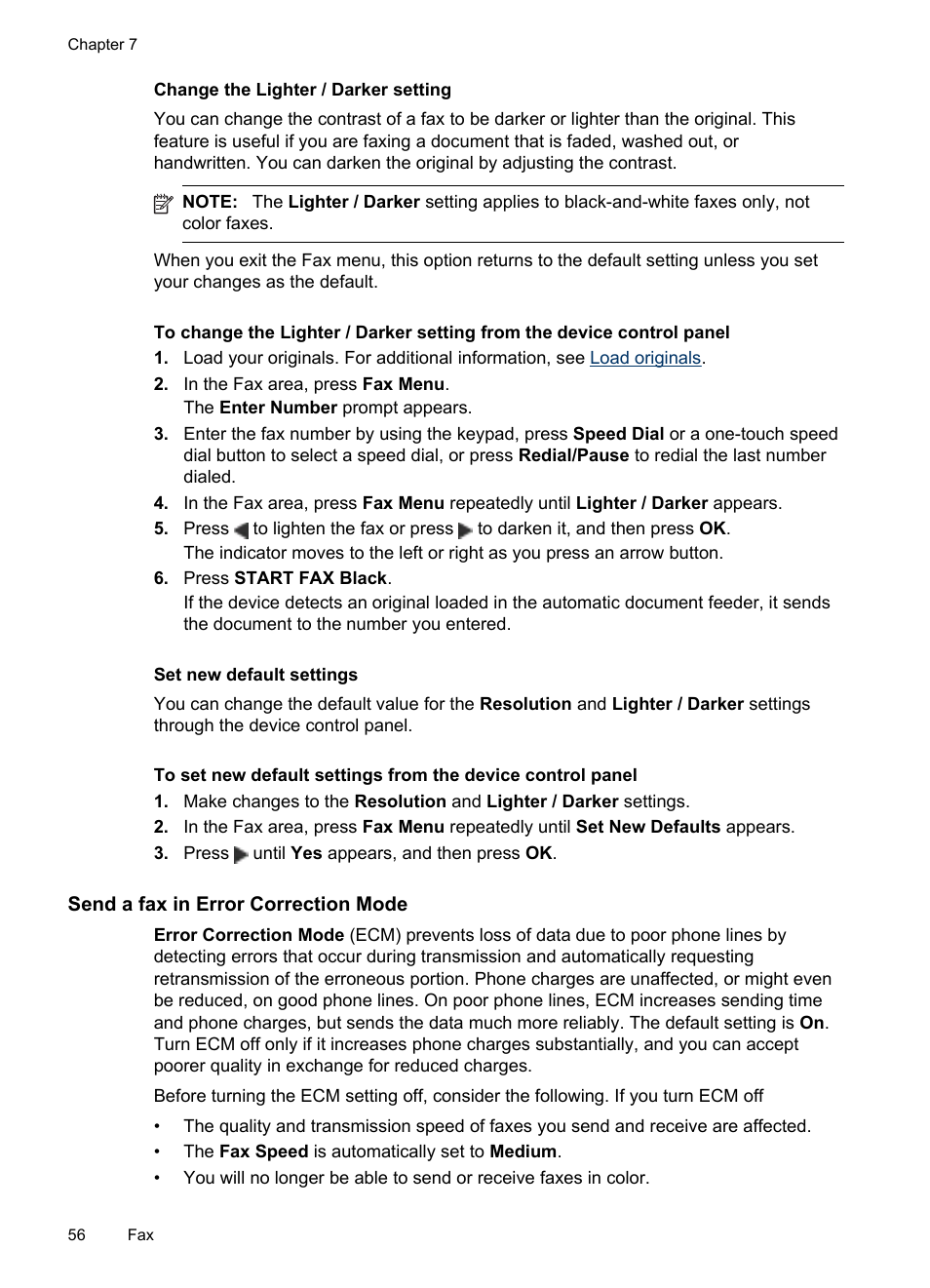 Change the lighter / darker setting, Set new default settings, Send a fax in error correction mode | HP Officejet J6480 All-in-One Printer User Manual | Page 60 / 218