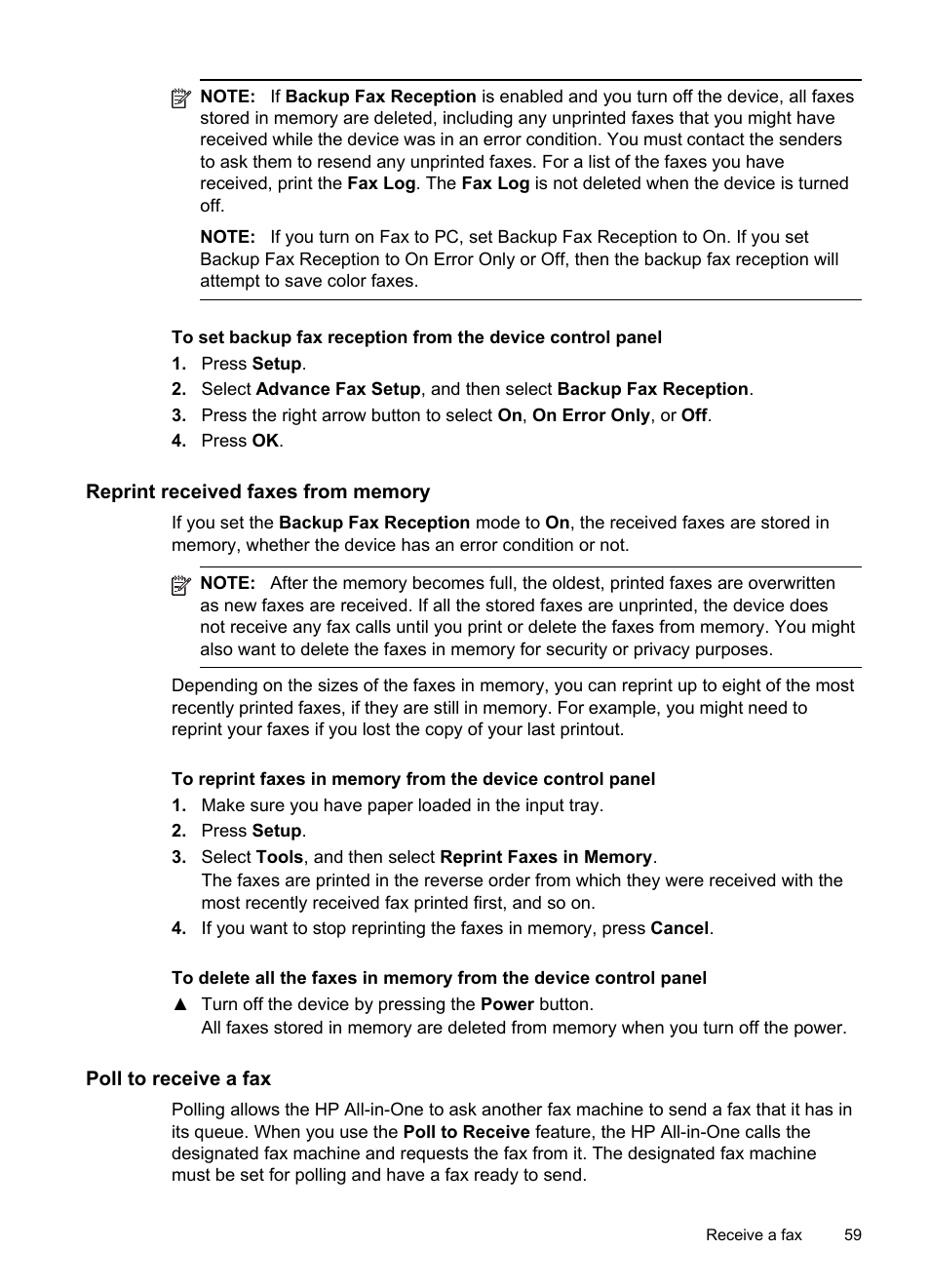 Reprint received faxes from memory, Poll to receive a fax | HP Officejet J6480 All-in-One Printer User Manual | Page 63 / 218