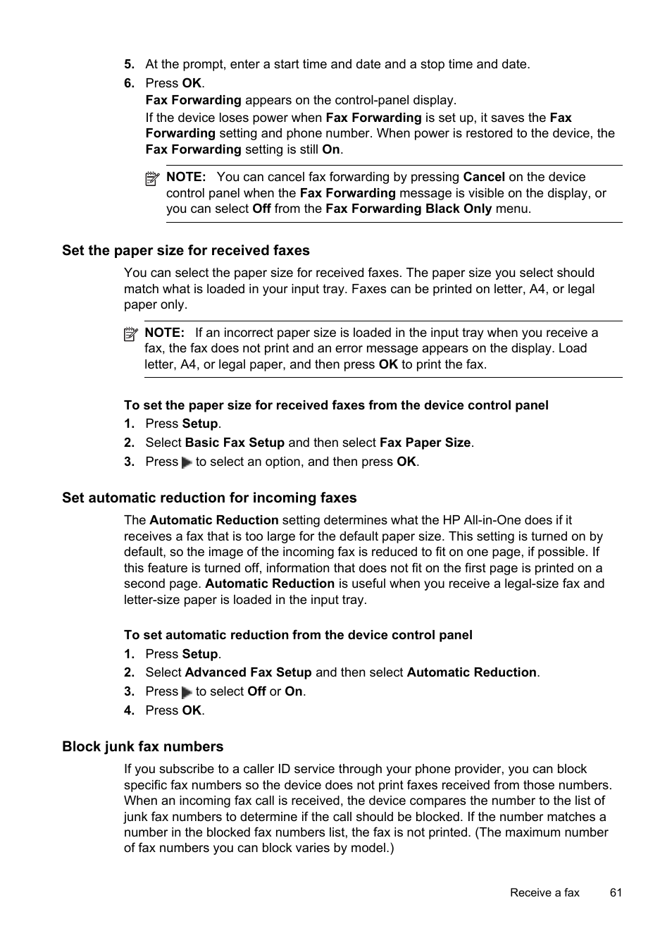 Set the paper size for received faxes, Set automatic reduction for incoming faxes, Block junk fax numbers | HP Officejet J6480 All-in-One Printer User Manual | Page 65 / 218