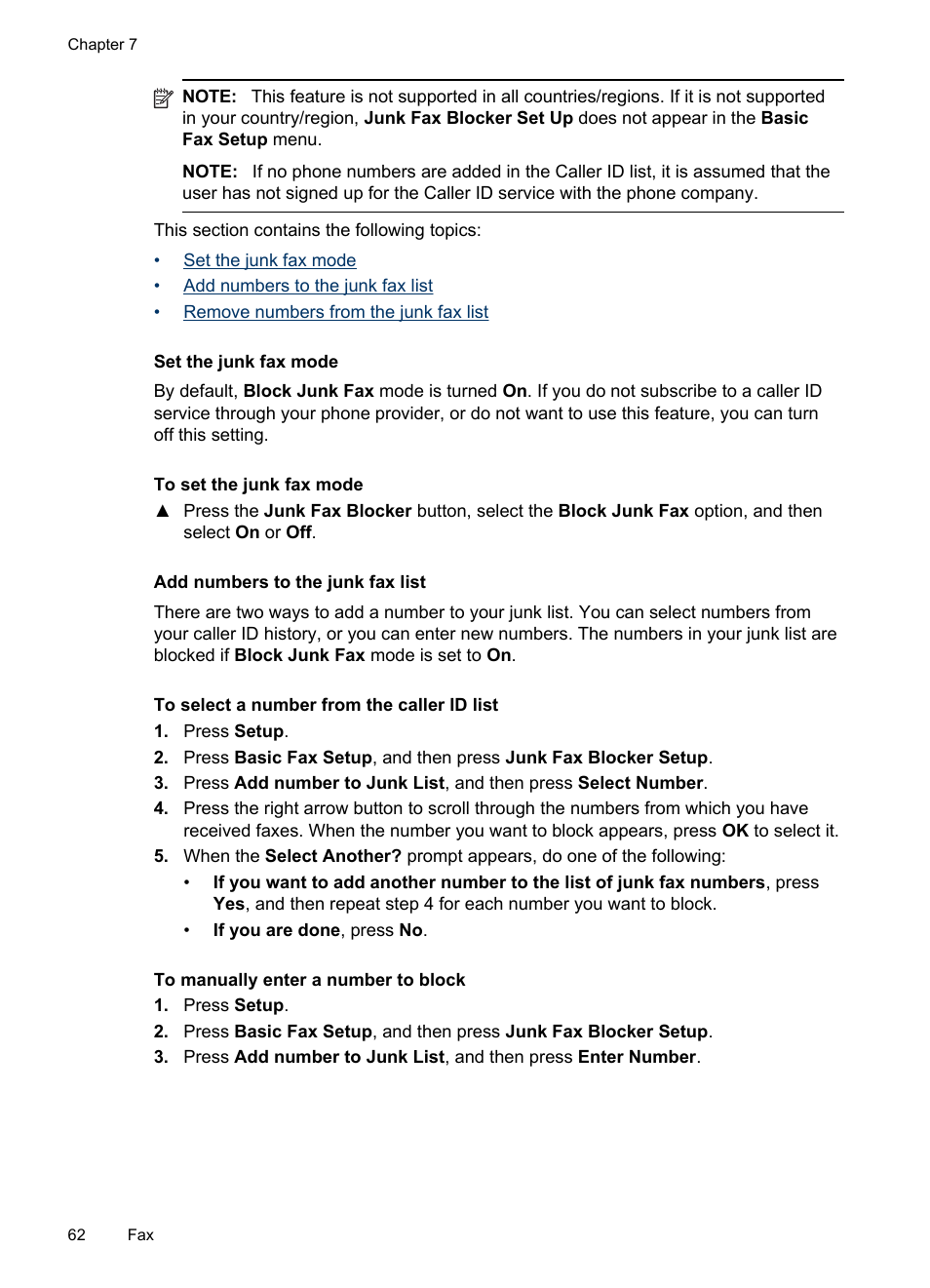 Set the junk fax mode, Add numbers to the junk fax list | HP Officejet J6480 All-in-One Printer User Manual | Page 66 / 218