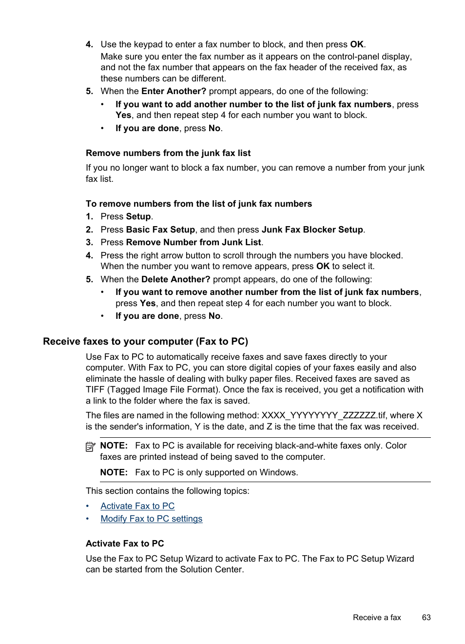 Remove numbers from the junk fax list, Receive faxes to your computer (fax to pc), Activate fax to pc | HP Officejet J6480 All-in-One Printer User Manual | Page 67 / 218