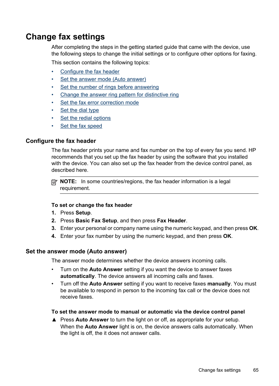 Change fax settings, Configure the fax header, Set the answer mode (auto answer) | HP Officejet J6480 All-in-One Printer User Manual | Page 69 / 218