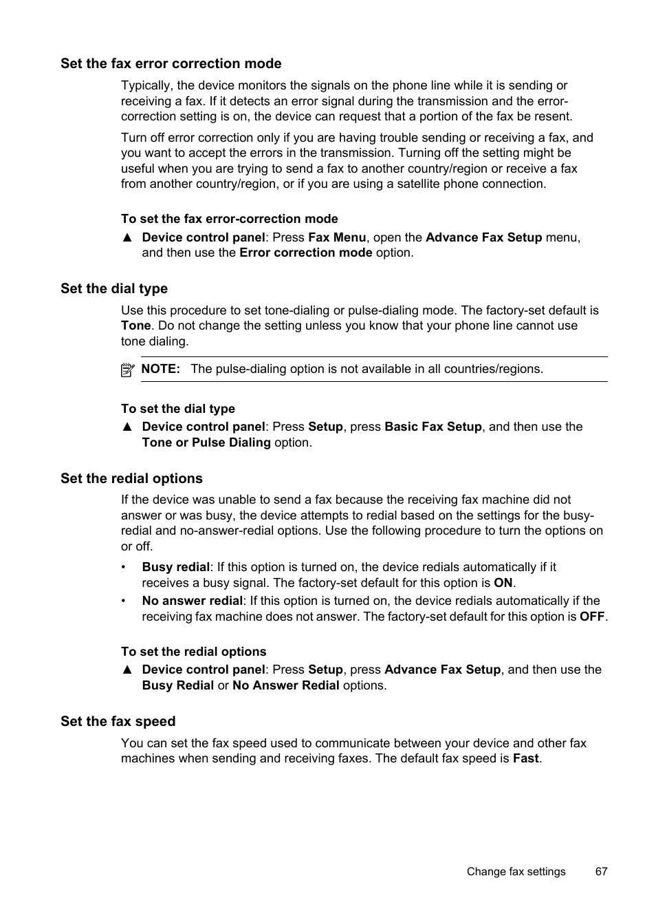 Set the fax error correction mode, Set the dial type, Set the redial options | Set the fax speed | HP Officejet J6480 All-in-One Printer User Manual | Page 71 / 218