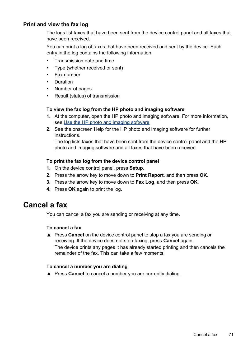 Print and view the fax log, Cancel a fax | HP Officejet J6480 All-in-One Printer User Manual | Page 75 / 218