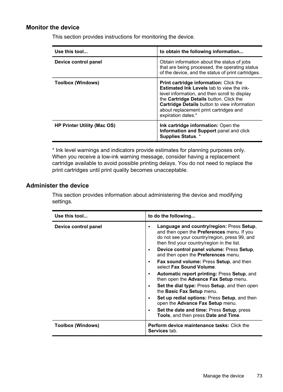Monitor the device, Administer the device | HP Officejet J6480 All-in-One Printer User Manual | Page 77 / 218