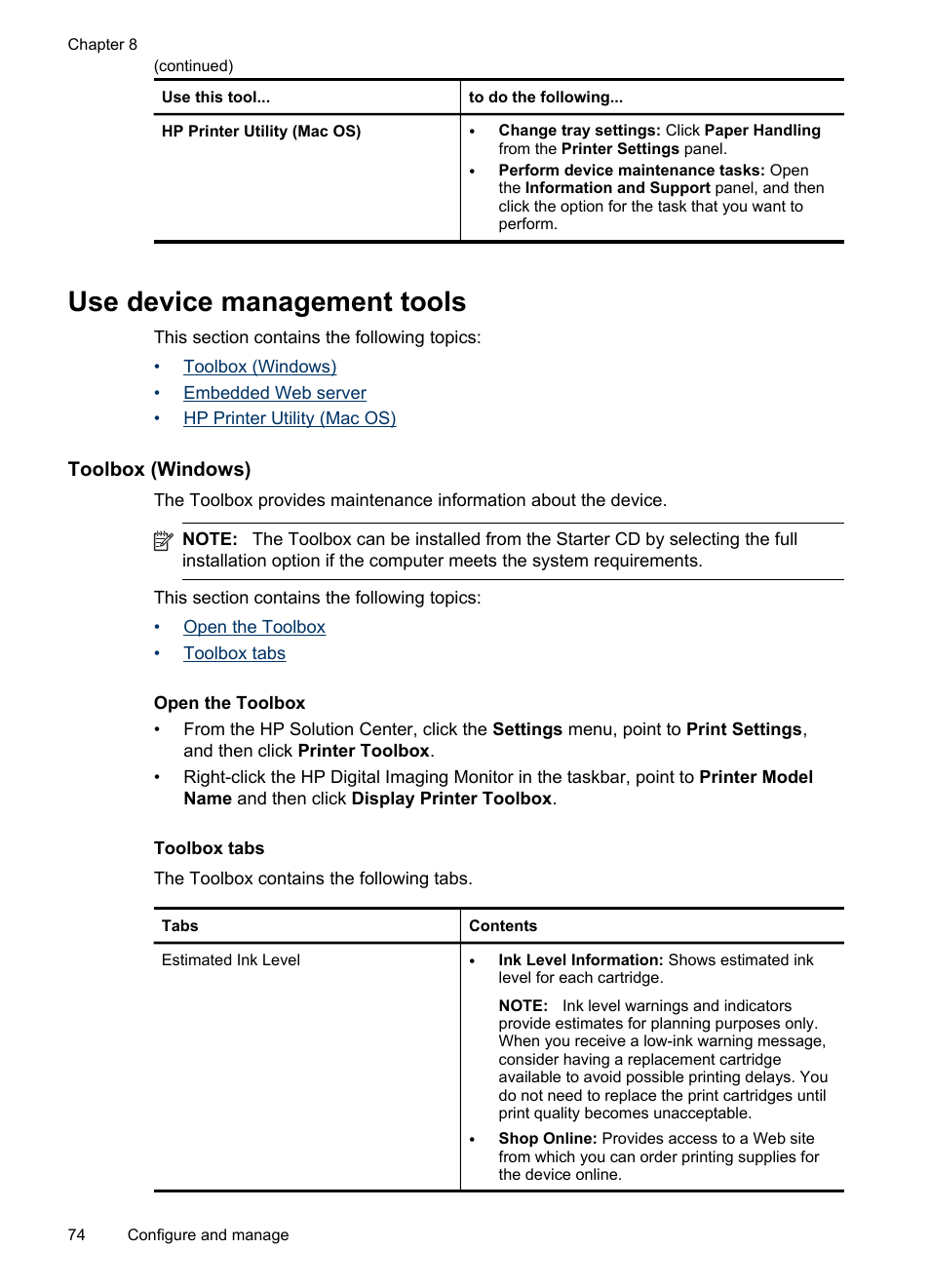 Use device management tools, Toolbox (windows), Open the toolbox | Toolbox tabs, Open the toolbox toolbox tabs, Embedded web server, Hp printer utility (mac os), The tools, see | HP Officejet J6480 All-in-One Printer User Manual | Page 78 / 218