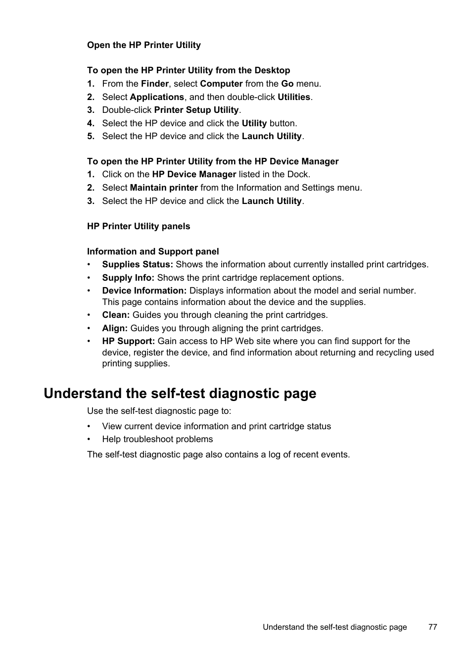 Open the hp printer utility, Hp printer utility panels, Understand the self-test diagnostic page | HP Officejet J6480 All-in-One Printer User Manual | Page 81 / 218