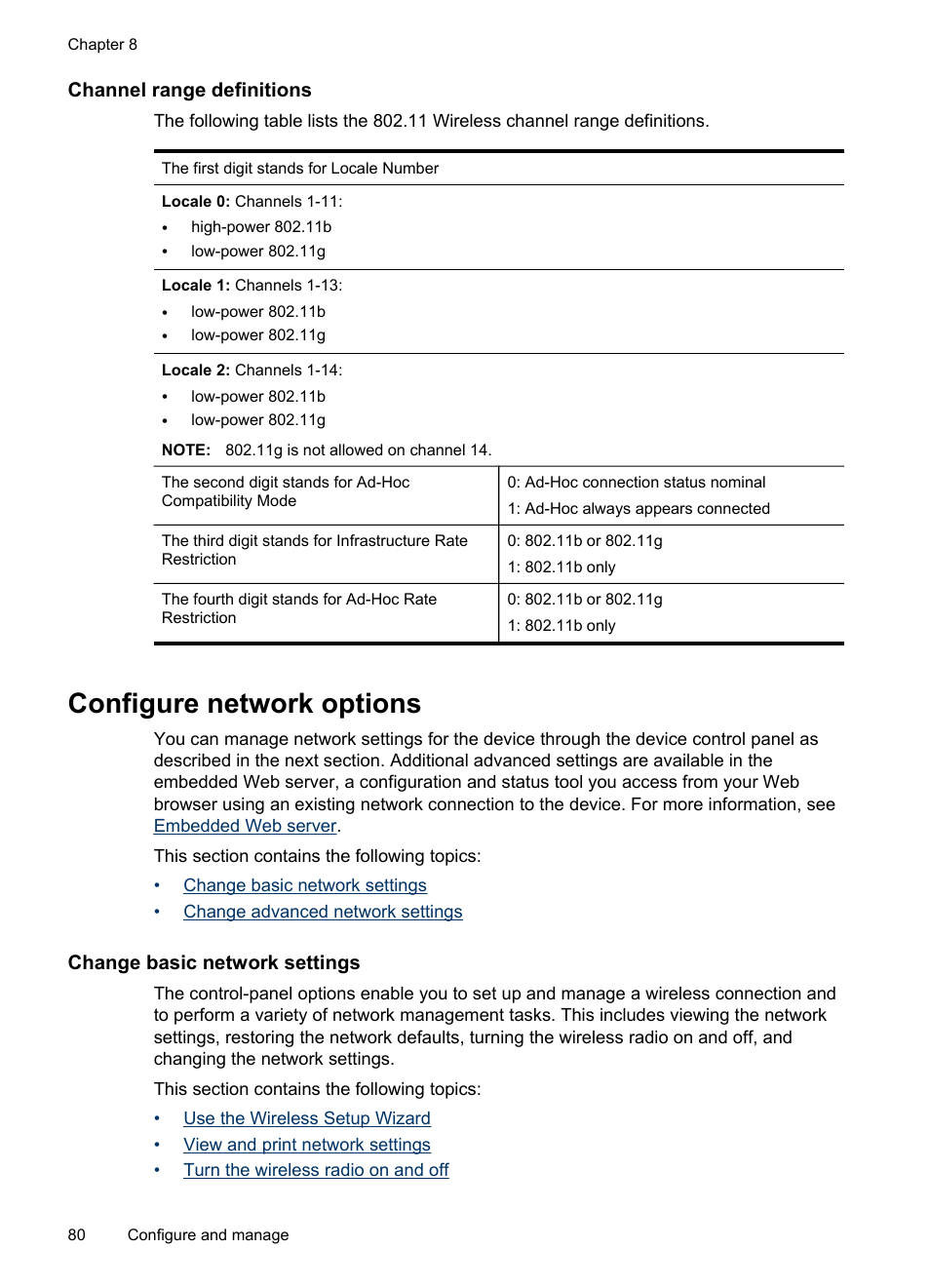 Channel range definitions, Configure network options, Change basic network settings | Change advanced network settings | HP Officejet J6480 All-in-One Printer User Manual | Page 84 / 218