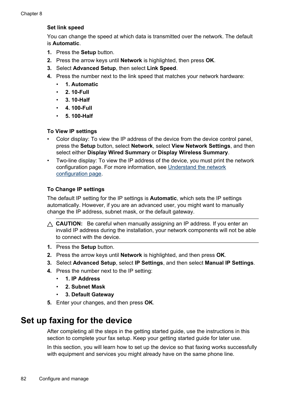 Set link speed, To view ip settings, To change ip settings | Set up faxing for the device, Set up faxing (parallel phone systems), Serial-type fax setup | HP Officejet J6480 All-in-One Printer User Manual | Page 86 / 218