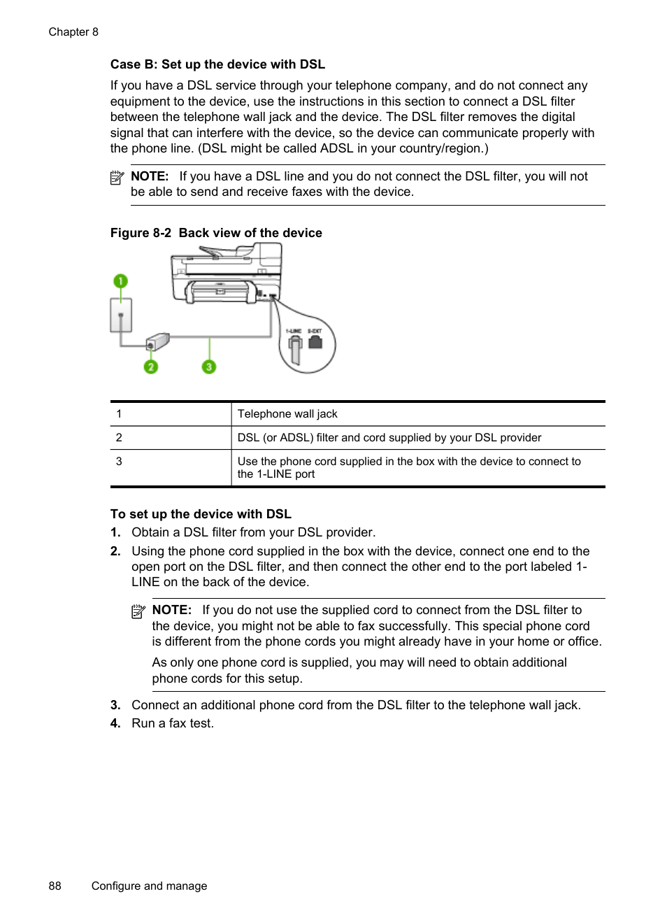 Case b: set up the device with dsl | HP Officejet J6480 All-in-One Printer User Manual | Page 92 / 218