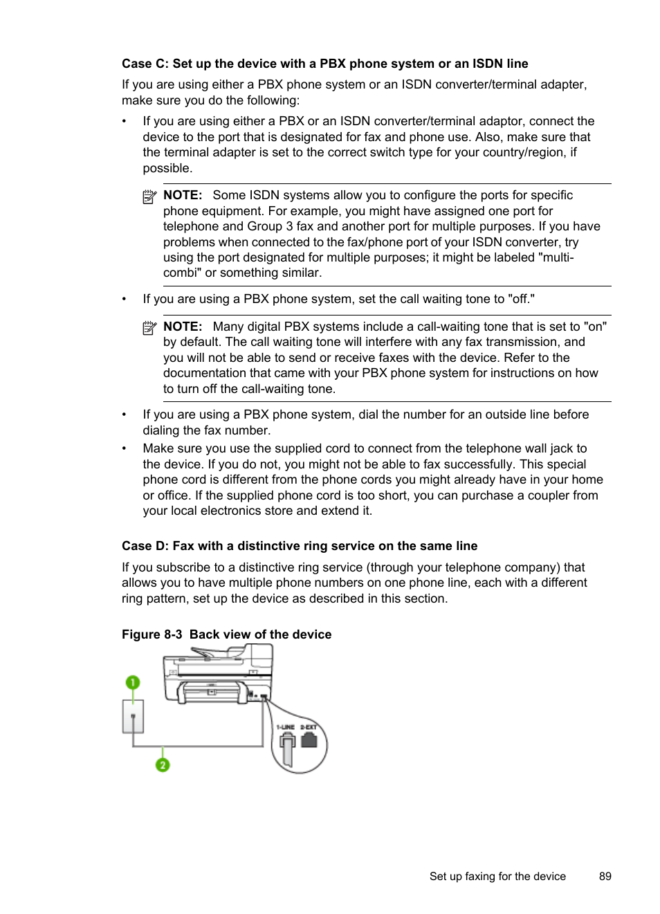 Case c: set up the device with a pbx, Phone system or an isdn line | HP Officejet J6480 All-in-One Printer User Manual | Page 93 / 218