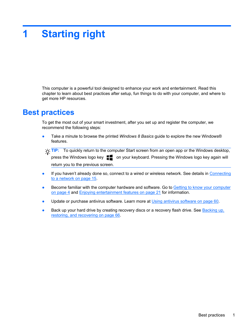 Starting right, Best practices, 1 starting right | 1starting right | HP ENVY Sleekbook 4-1110us User Manual | Page 11 / 89