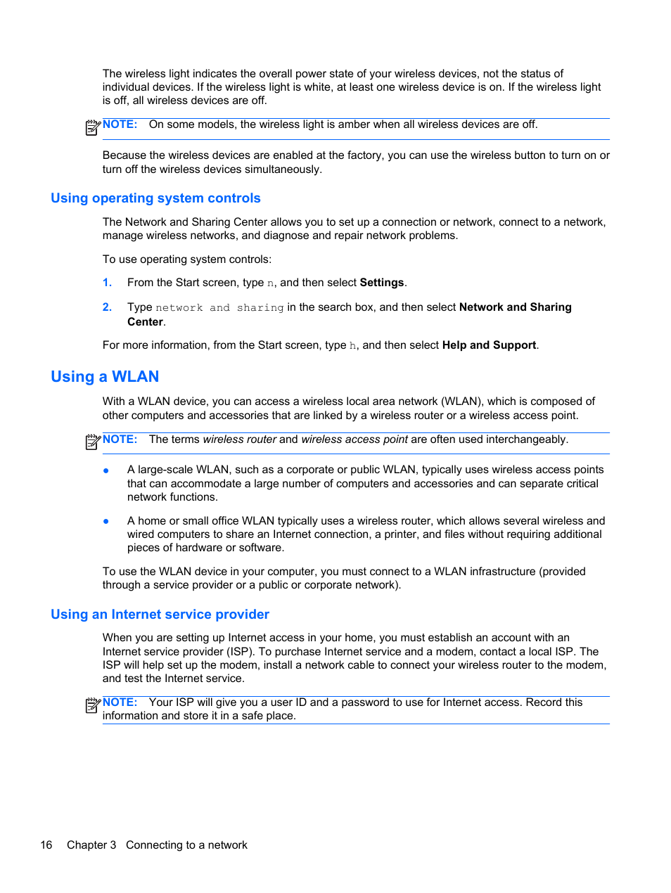 Using operating system controls, Using a wlan, Using an internet service provider | HP ENVY Sleekbook 4-1110us User Manual | Page 26 / 89