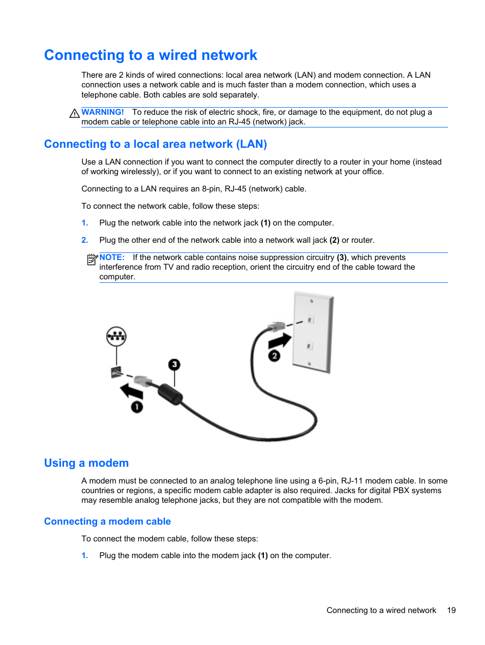 Connecting to a wired network, Connecting to a local area network (lan), Using a modem | Connecting a modem cable | HP ENVY Sleekbook 4-1110us User Manual | Page 29 / 89