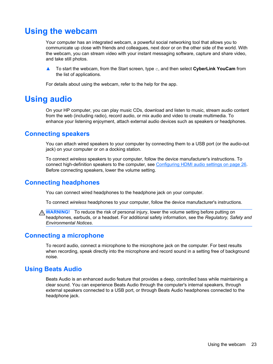 Using the webcam, Using audio, Connecting speakers | Connecting headphones, Connecting a microphone, Using beats audio, Using the webcam using audio, Using | HP ENVY Sleekbook 4-1110us User Manual | Page 33 / 89