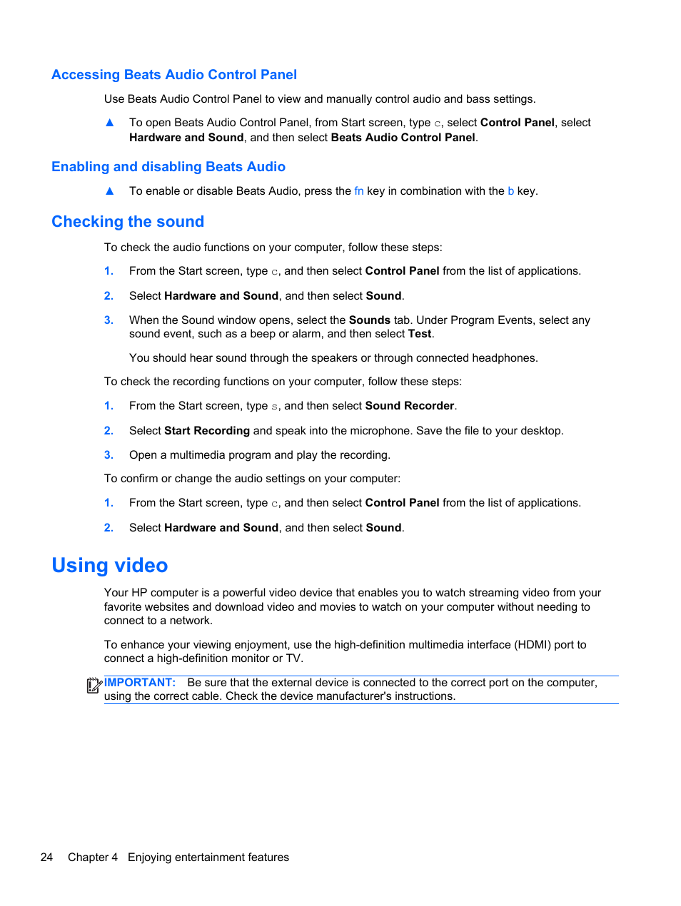 Accessing beats audio control panel, Enabling and disabling beats audio, Checking the sound | Using video | HP ENVY Sleekbook 4-1110us User Manual | Page 34 / 89