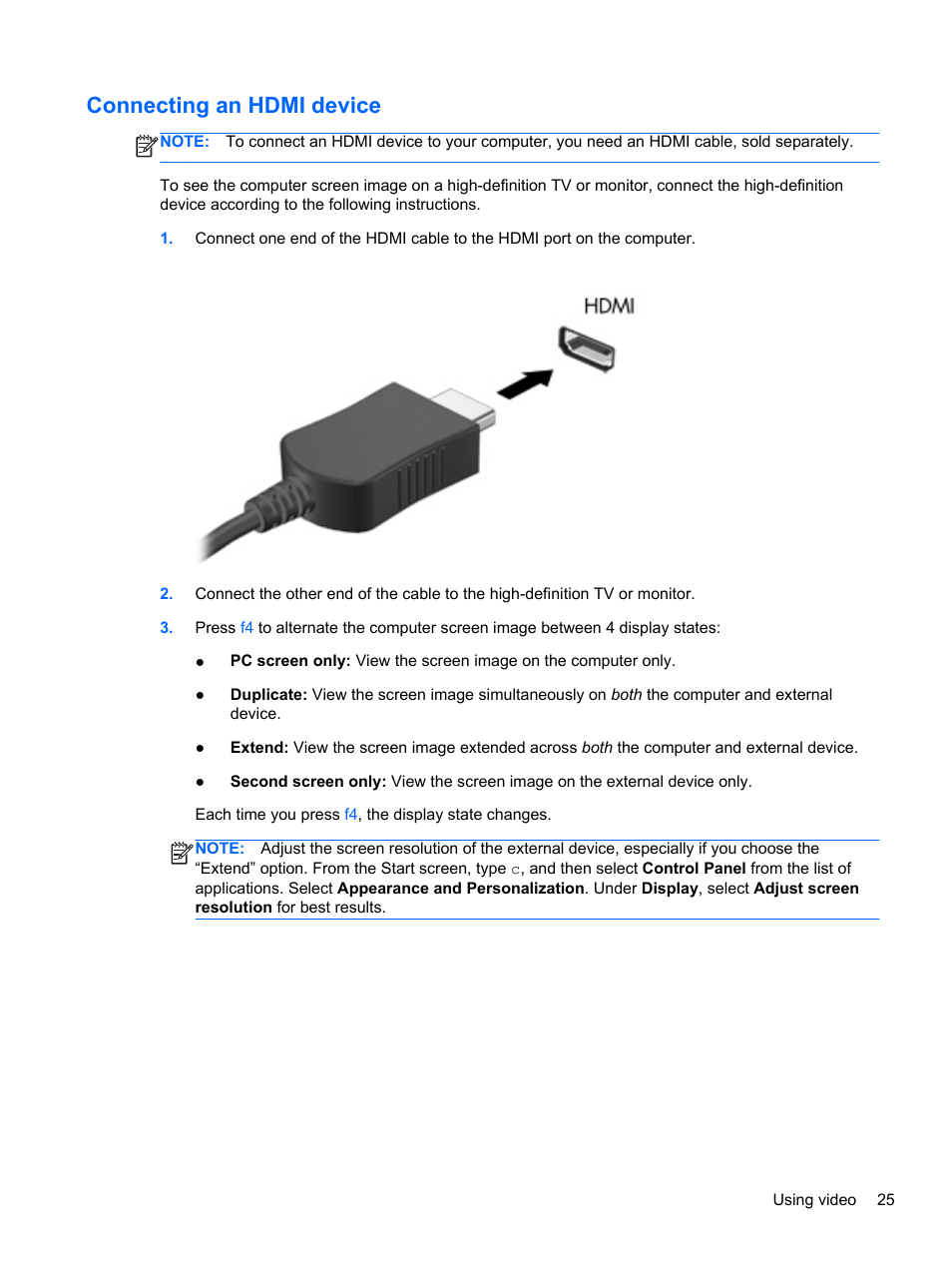 Connecting an hdmi device, Connecting | HP ENVY Sleekbook 4-1110us User Manual | Page 35 / 89