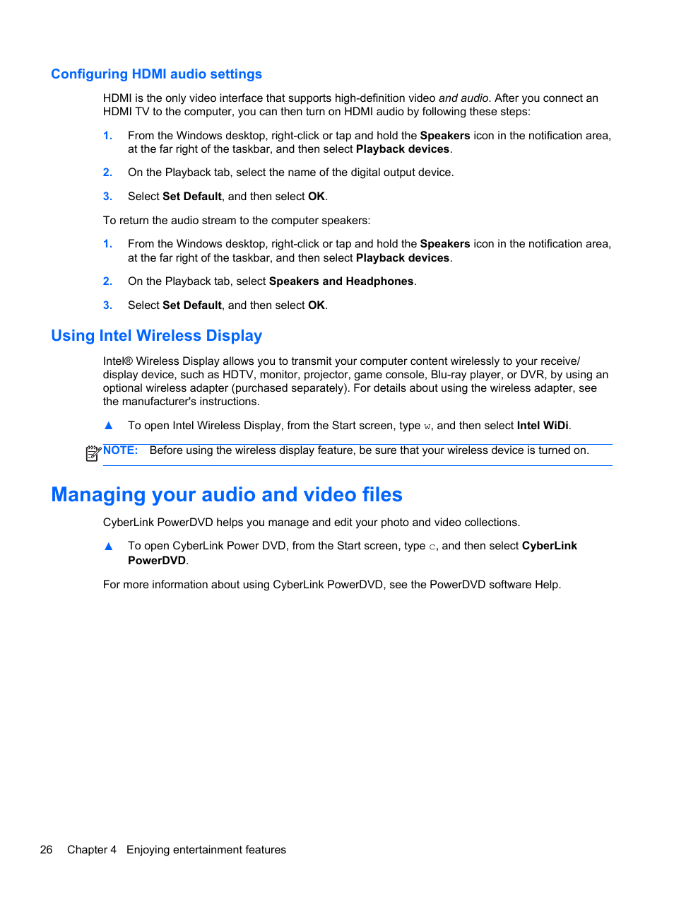 Configuring hdmi audio settings, Using intel wireless display, Managing your audio and video files | HP ENVY Sleekbook 4-1110us User Manual | Page 36 / 89