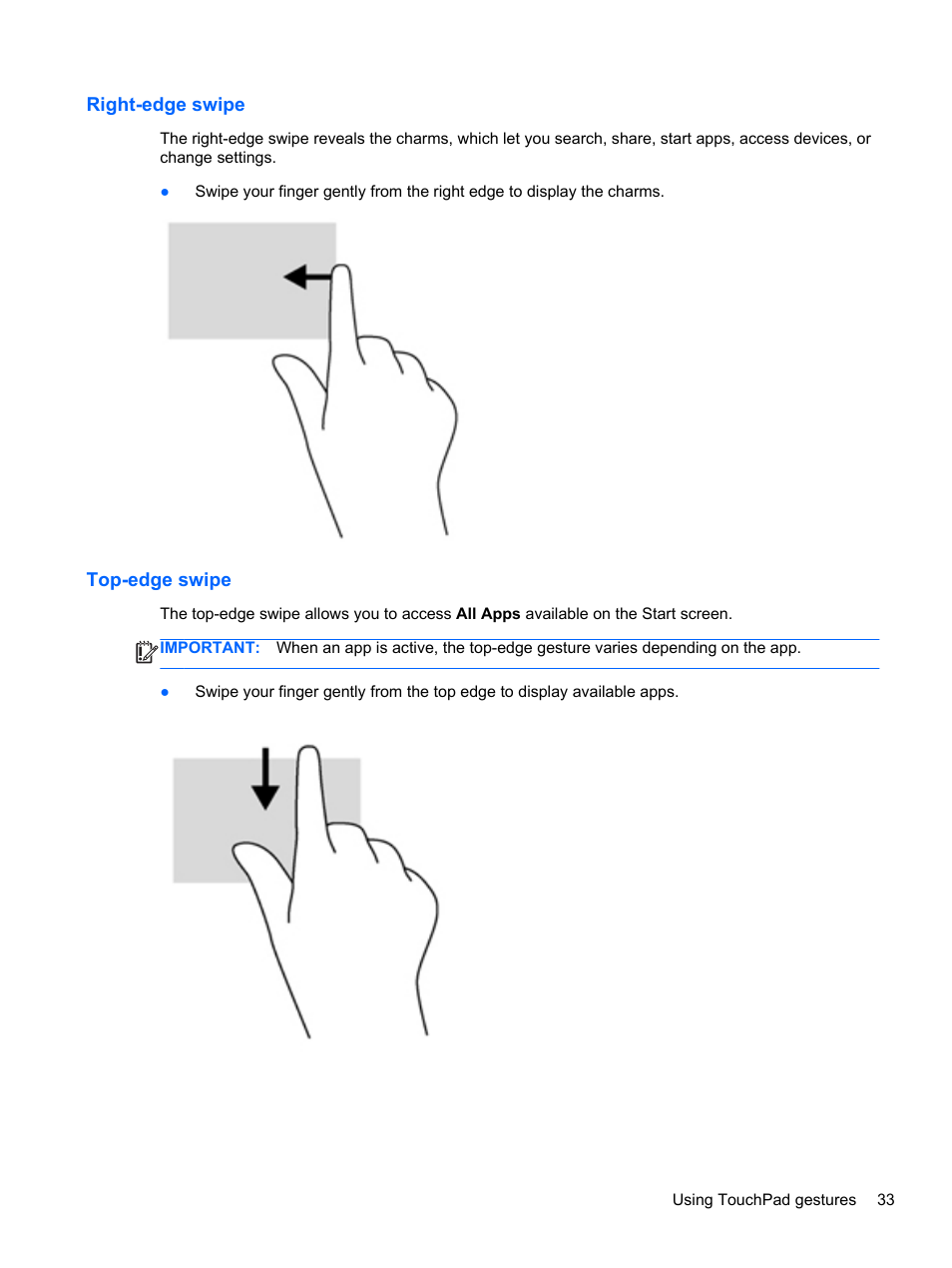 Right-edge swipe, Top-edge swipe, Right-edge swipe top-edge swipe | HP ENVY Sleekbook 4-1110us User Manual | Page 43 / 89