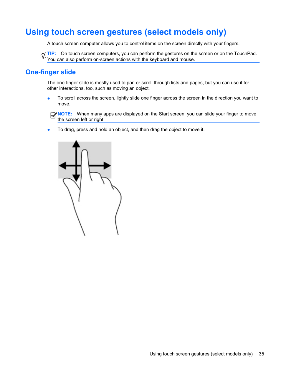 Using touch screen gestures (select models only), One-finger slide | HP ENVY Sleekbook 4-1110us User Manual | Page 45 / 89