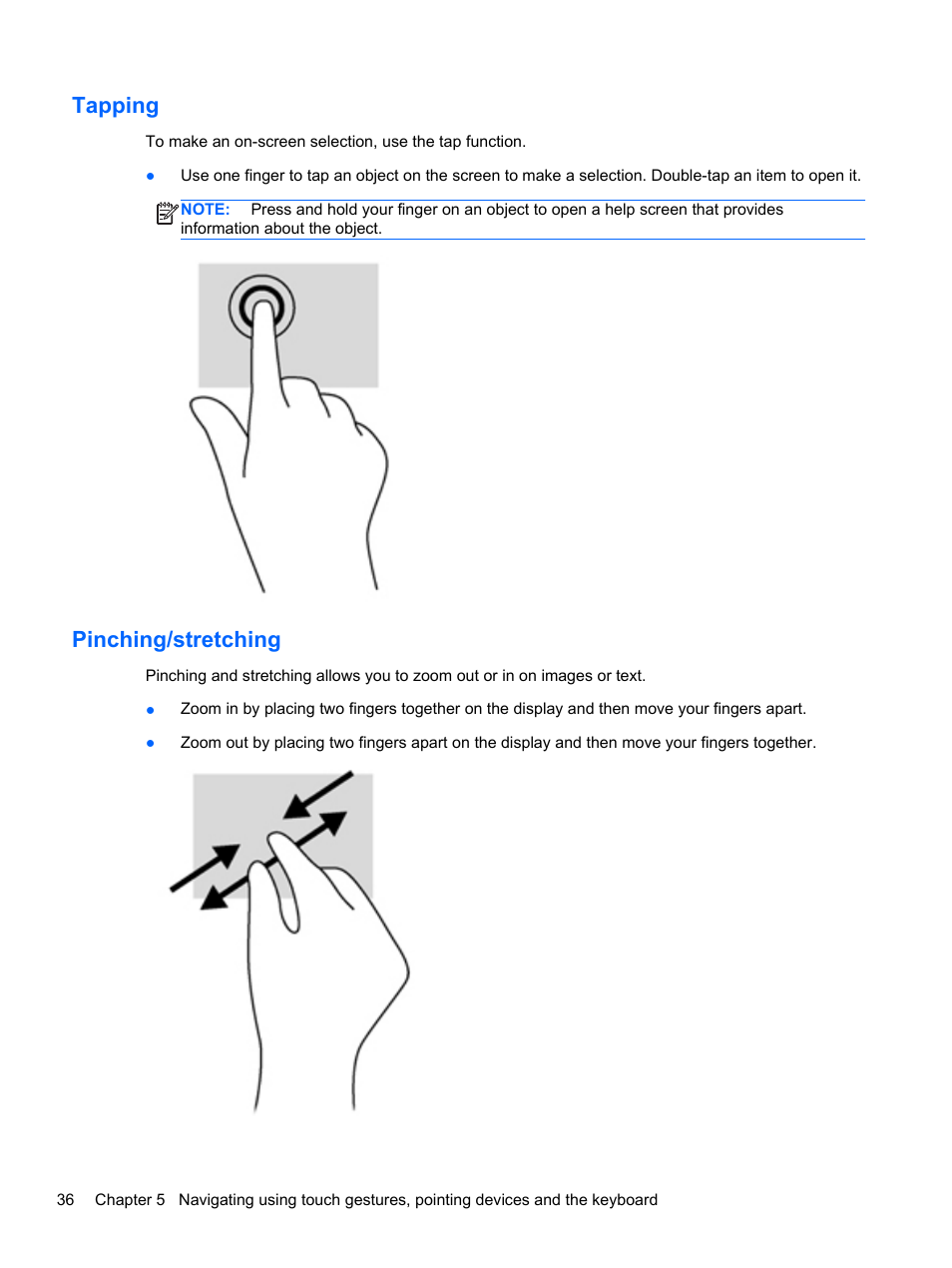 Tapping, Pinching/stretching, Tapping pinching/stretching | HP ENVY Sleekbook 4-1110us User Manual | Page 46 / 89