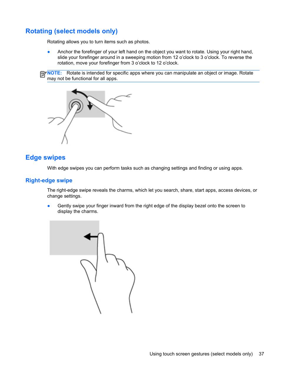 Rotating (select models only), Edge swipes, Right-edge swipe | HP ENVY Sleekbook 4-1110us User Manual | Page 47 / 89