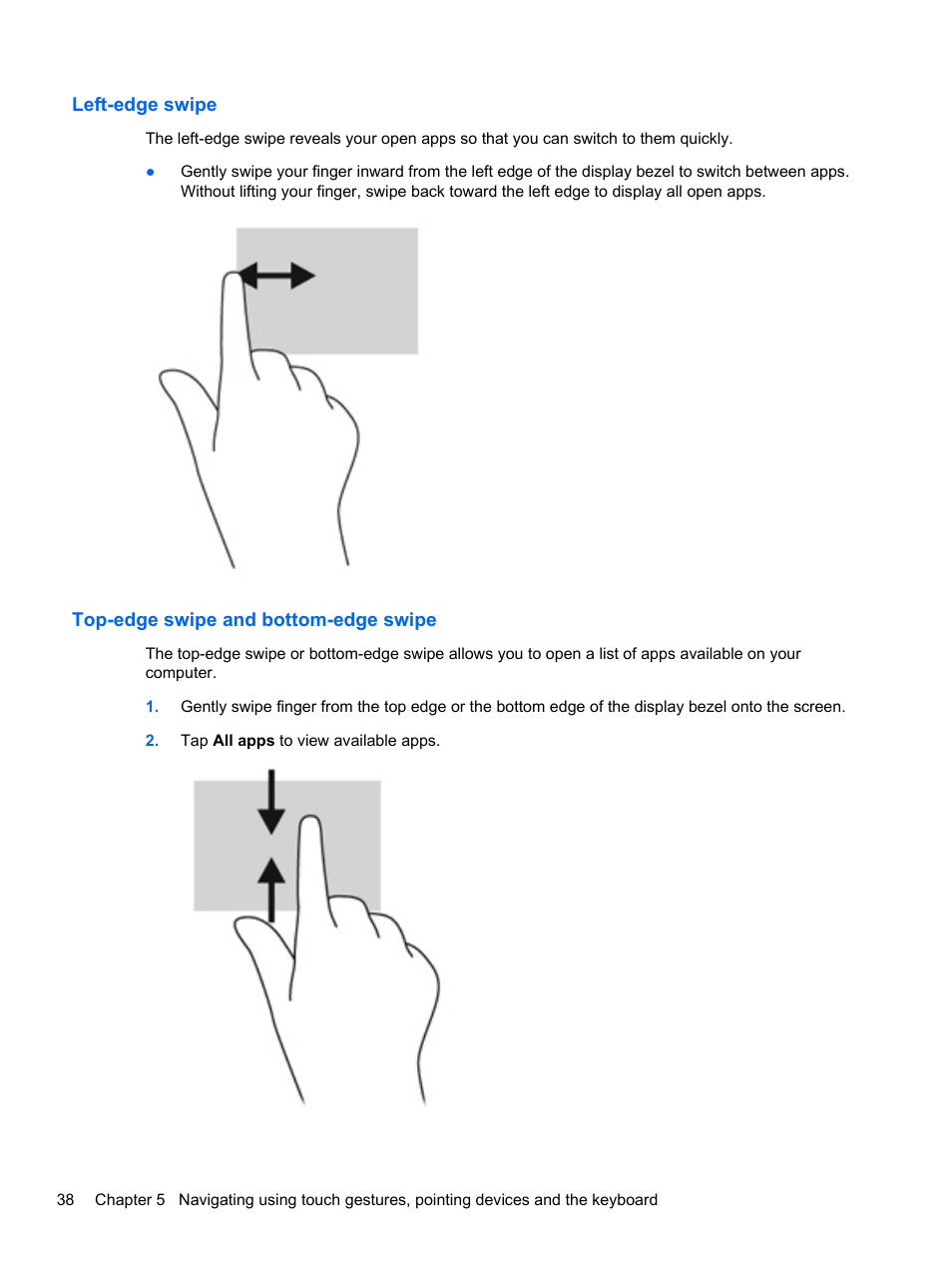 Left-edge swipe, Top-edge swipe and bottom-edge swipe | HP ENVY Sleekbook 4-1110us User Manual | Page 48 / 89