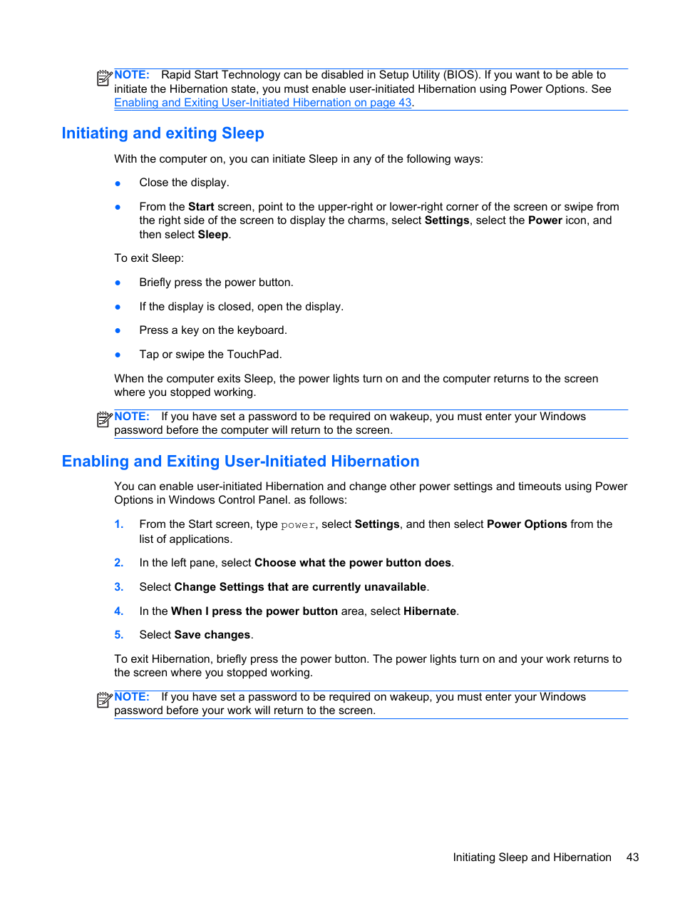 Initiating and exiting sleep, Enabling and exiting user-initiated hibernation, Initiating and | Enabling and exiting user | HP ENVY Sleekbook 4-1110us User Manual | Page 53 / 89