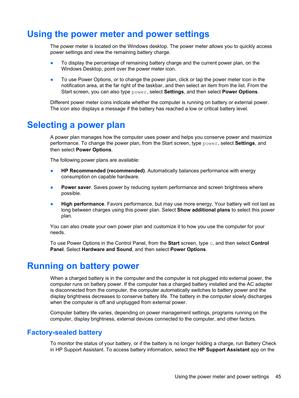 Using the power meter and power settings, Selecting a power plan, Running on battery power | Factory-sealed battery | HP ENVY Sleekbook 4-1110us User Manual | Page 55 / 89