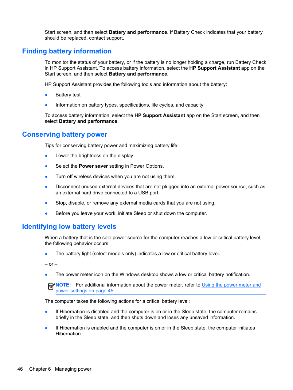 Finding battery information, Conserving battery power, Identifying low battery levels | HP ENVY Sleekbook 4-1110us User Manual | Page 56 / 89