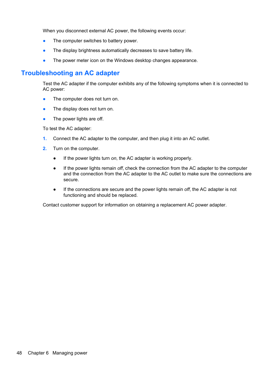 Troubleshooting an ac adapter | HP ENVY Sleekbook 4-1110us User Manual | Page 58 / 89