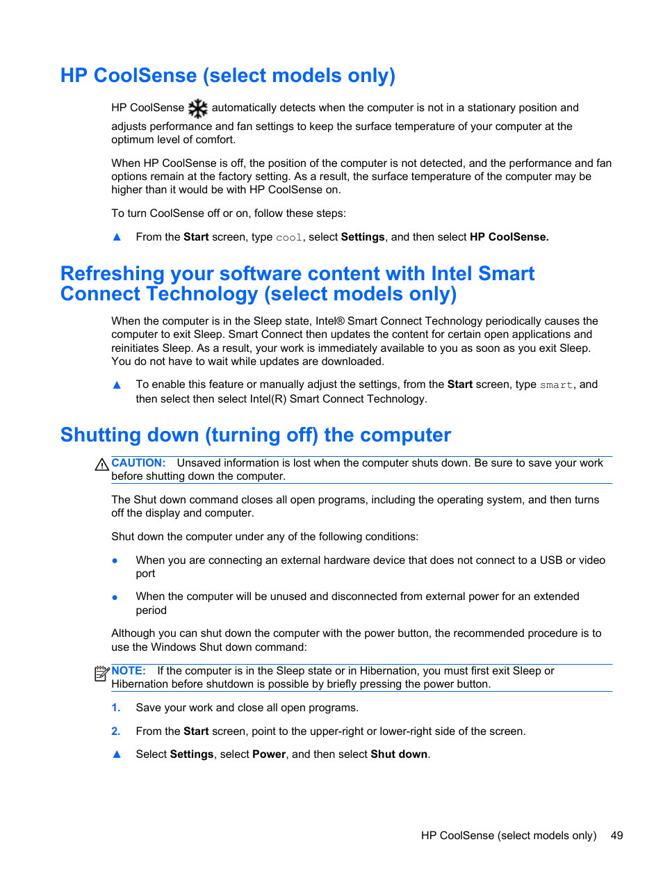 Hp coolsense (select models only), Shutting down (turning off) the computer | HP ENVY Sleekbook 4-1110us User Manual | Page 59 / 89