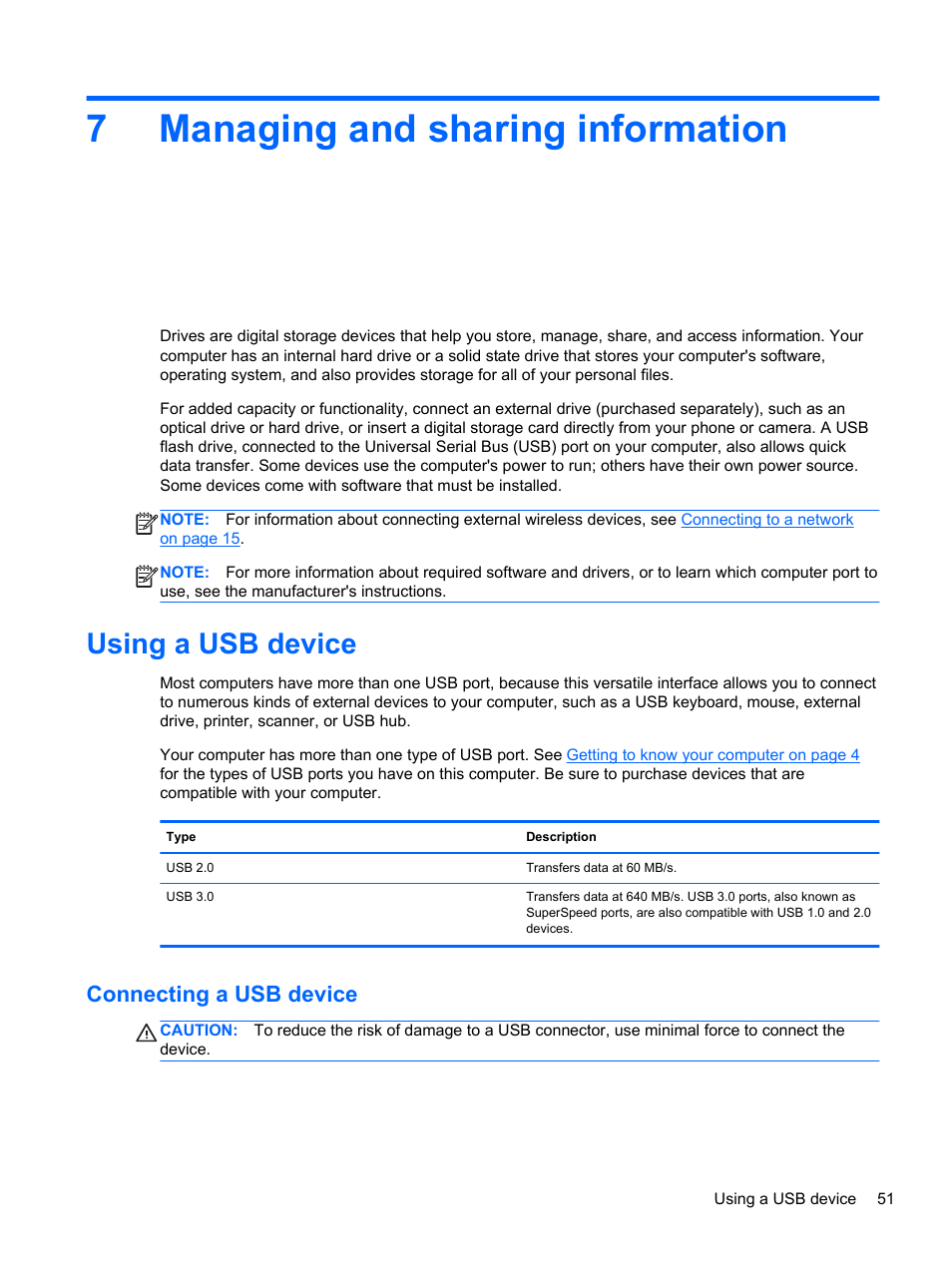 Managing and sharing information, Using a usb device, Connecting a usb device | 7 managing and sharing information, 7managing and sharing information | HP ENVY Sleekbook 4-1110us User Manual | Page 61 / 89