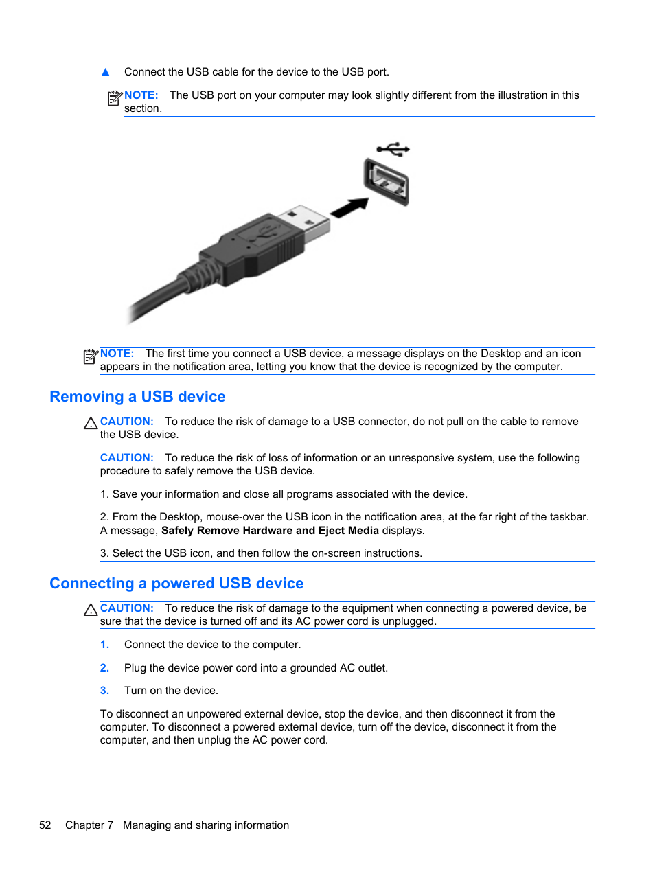 Removing a usb device, Connecting a powered usb device | HP ENVY Sleekbook 4-1110us User Manual | Page 62 / 89