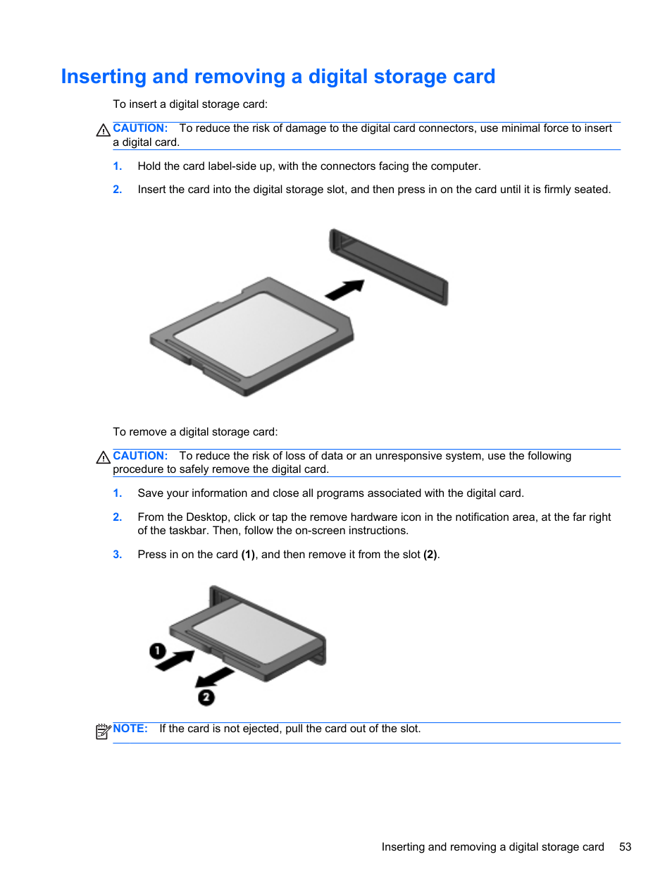 Inserting and removing a digital storage card | HP ENVY Sleekbook 4-1110us User Manual | Page 63 / 89