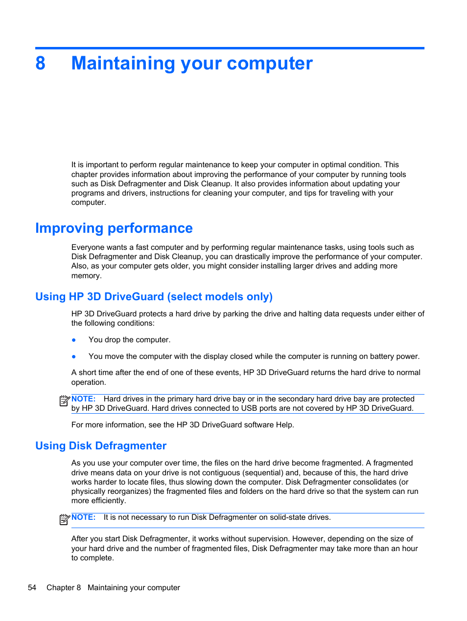 Maintaining your computer, Improving performance, Using hp 3d driveguard (select models only) | Using disk defragmenter, 8 maintaining your computer, 8maintaining your computer | HP ENVY Sleekbook 4-1110us User Manual | Page 64 / 89