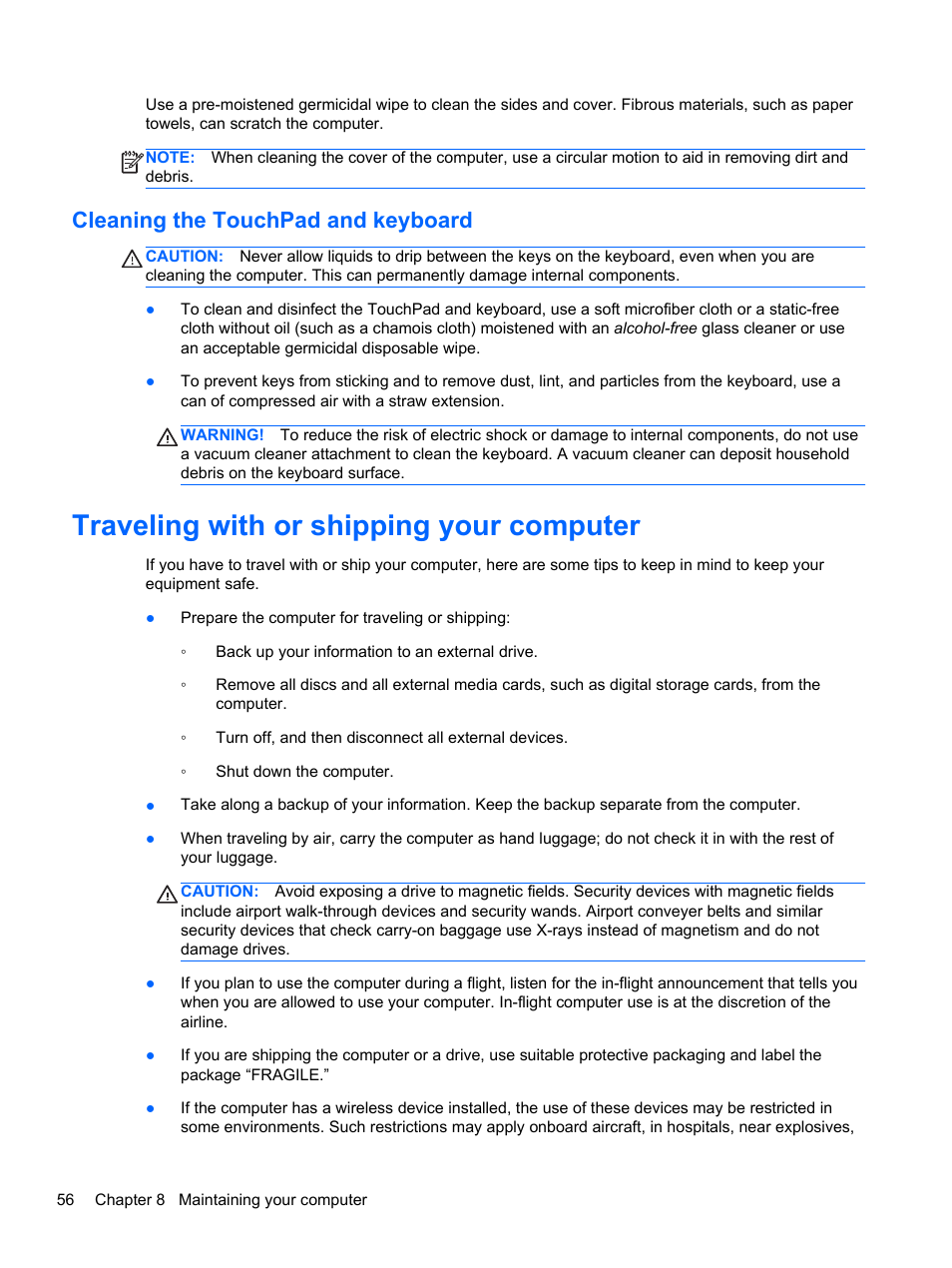 Cleaning the touchpad and keyboard, Traveling with or shipping your computer | HP ENVY Sleekbook 4-1110us User Manual | Page 66 / 89