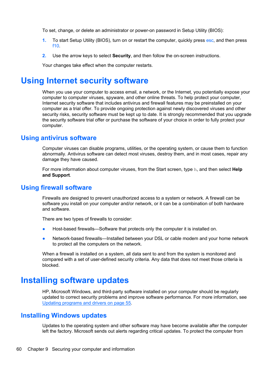 Using internet security software, Using antivirus software, Using firewall software | Installing software updates, Installing windows updates, Using antivirus software using firewall software | HP ENVY Sleekbook 4-1110us User Manual | Page 70 / 89