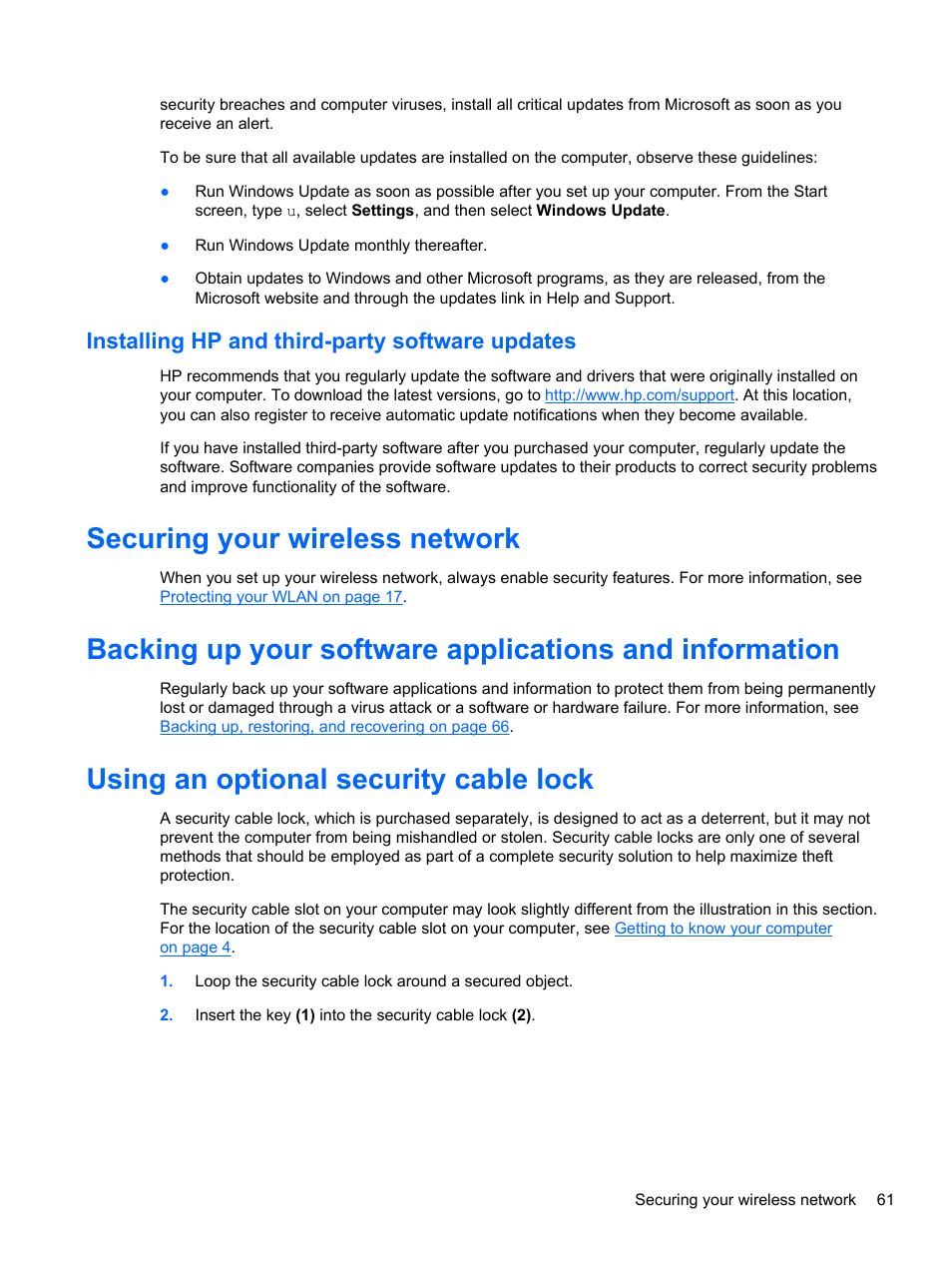 Installing hp and third-party software updates, Securing your wireless network, Using an optional security cable lock | HP ENVY Sleekbook 4-1110us User Manual | Page 71 / 89