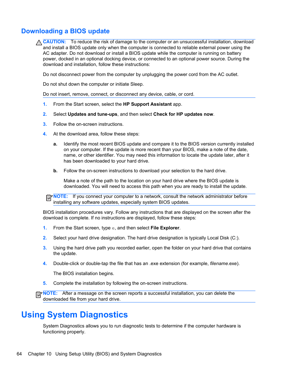 Downloading a bios update, Using system diagnostics | HP ENVY Sleekbook 4-1110us User Manual | Page 74 / 89