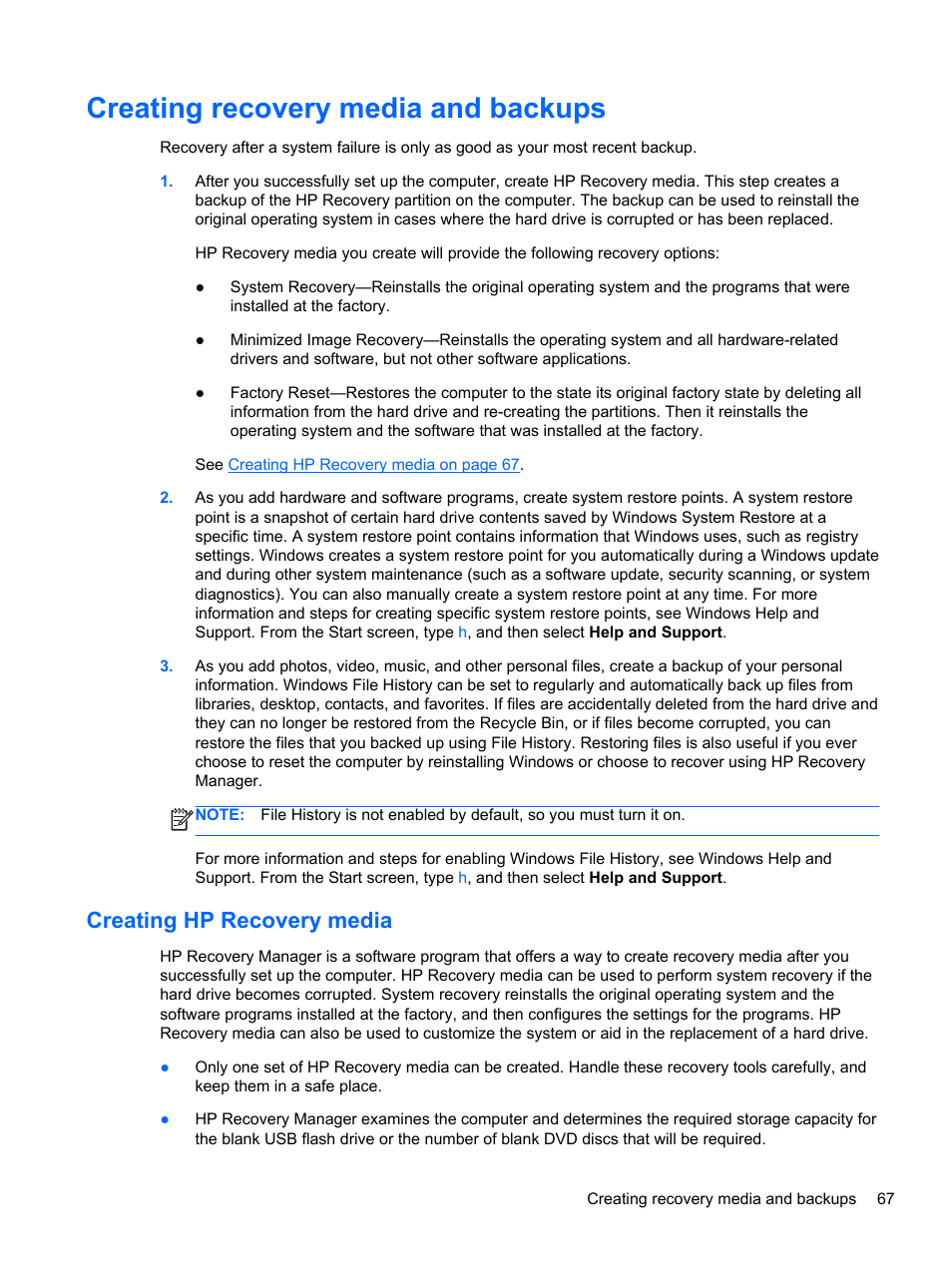 Creating recovery media and backups, Creating hp recovery media | HP ENVY Sleekbook 4-1110us User Manual | Page 77 / 89