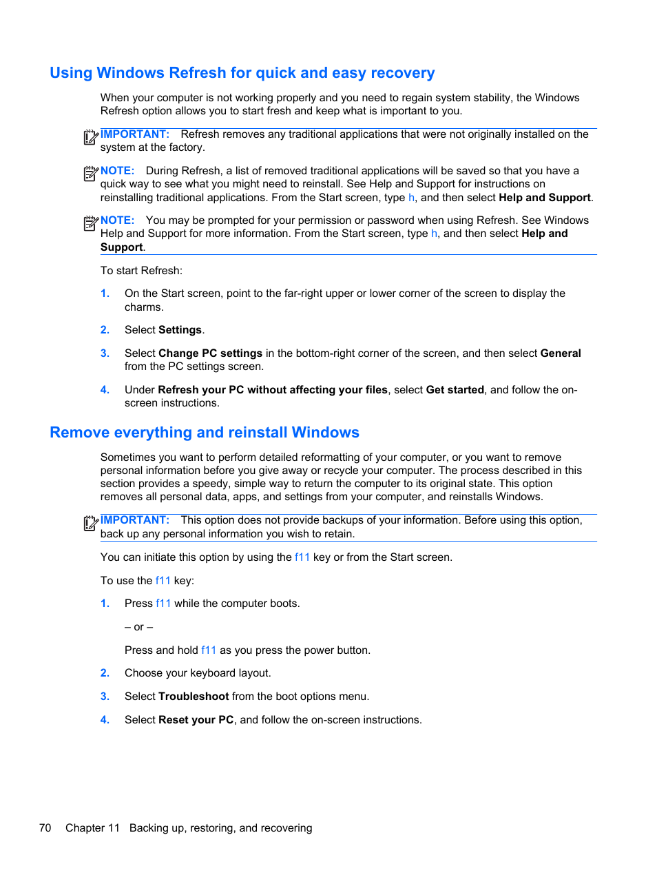 Using windows refresh for quick and easy recovery, Remove everything and reinstall windows | HP ENVY Sleekbook 4-1110us User Manual | Page 80 / 89