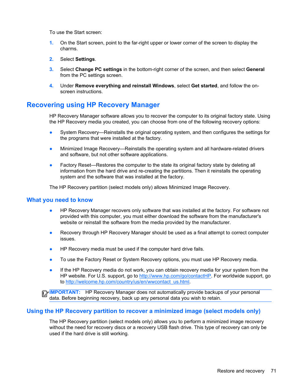 Recovering using hp recovery manager, What you need to know | HP ENVY Sleekbook 4-1110us User Manual | Page 81 / 89