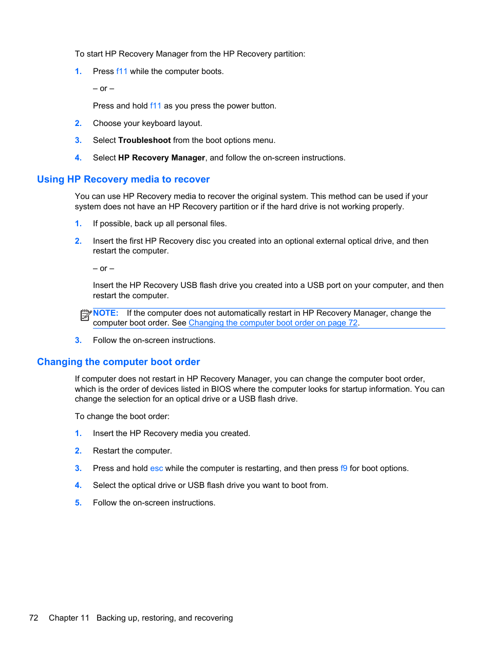 Using hp recovery media to recover, Changing the computer boot order | HP ENVY Sleekbook 4-1110us User Manual | Page 82 / 89