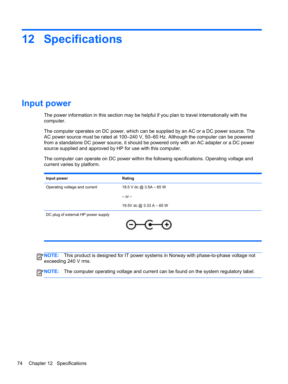 Specifications, Input power, 12 specifications | HP ENVY Sleekbook 4-1110us User Manual | Page 84 / 89