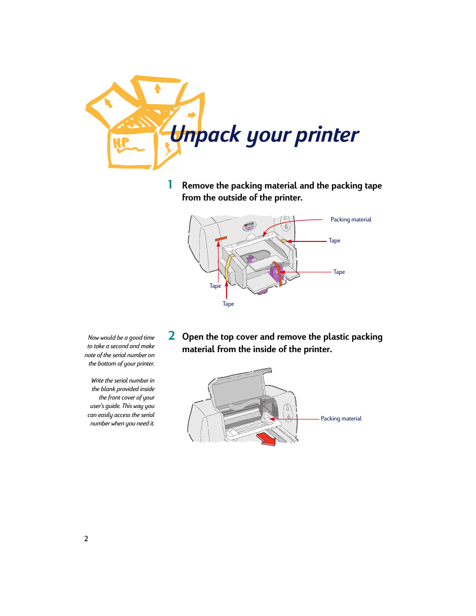 Unpack your printer | HP Deskjet 695c Printer User Manual | Page 2 / 95