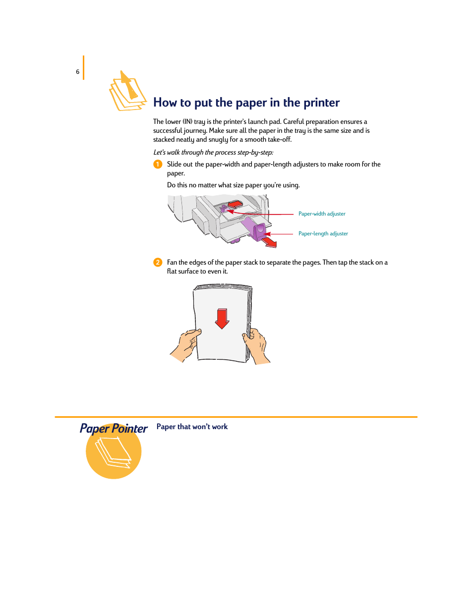 Paper pointer, How to put the paper in the printer | HP Deskjet 695c Printer User Manual | Page 25 / 95